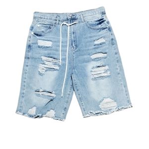 Light Blue Wash Distressed Holey Destroyed Bermuda Lost Angeles Jean Shorts